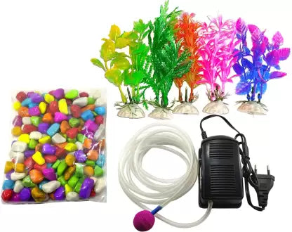 Combo set Air Pump,,air tube, Air Stone,Plant 5 nos ,Multi Color Stones 1 kg